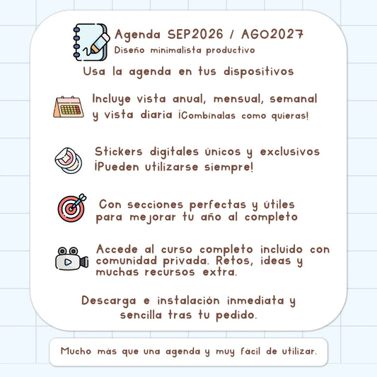AGENDA DIGITAL MINIMALISTA PRO 2026/2027: Incluye curso, tutoriales, stickers y recursos. Edición azul