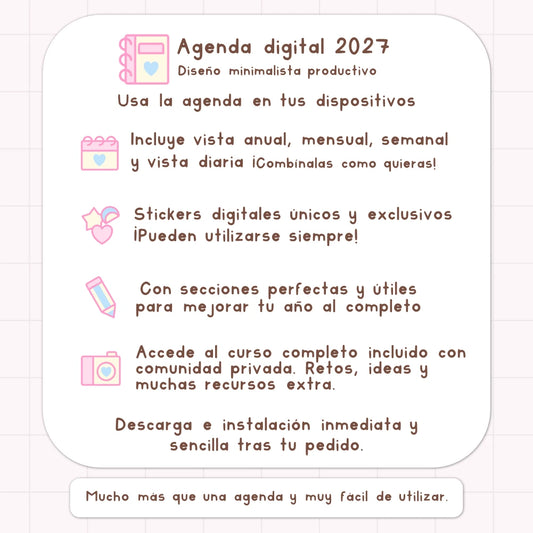 AGENDA DIGITAL MINIMALISTA PRO 2027: Incluye curso, tutoriales, stickers y recursos. Edición pastel
