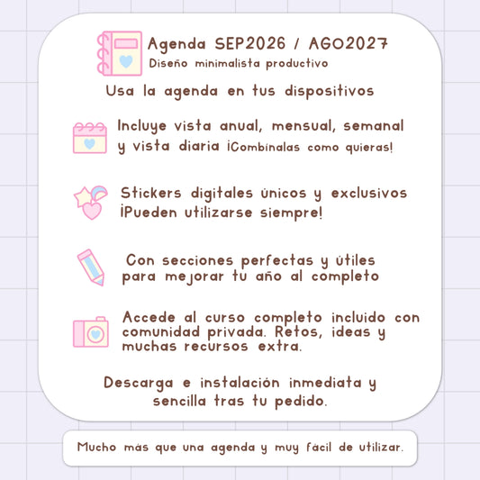 AGENDA DIGITAL MINIMALISTA PRO 2026/2027: Incluye curso, tutoriales, stickers y recursos. Edición lavanda y rosa