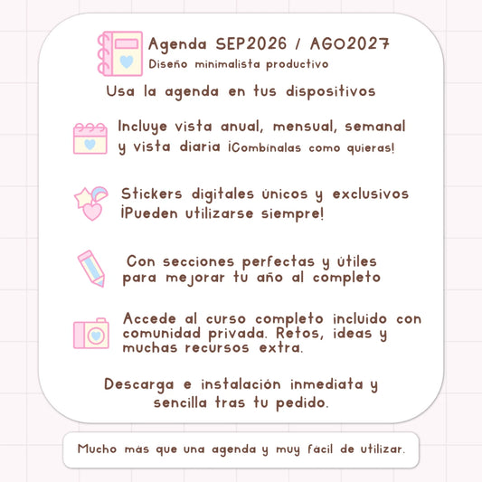 AGENDA DIGITAL MINIMALISTA PRO 2026/2027: Incluye curso, tutoriales, stickers y recursos. Edición pastel