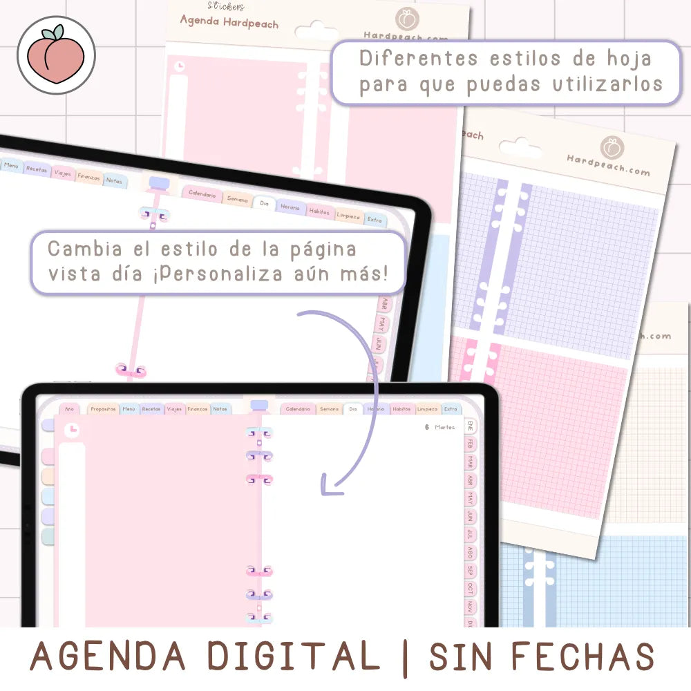 AGENDA DIGITAL MINIMALISTA PRO SIN FECHAS Y REUTILIZABLE con vista mensual, semanal y día. Incluye curso, tutoriales, stickers y recursos extra. Edición pastel