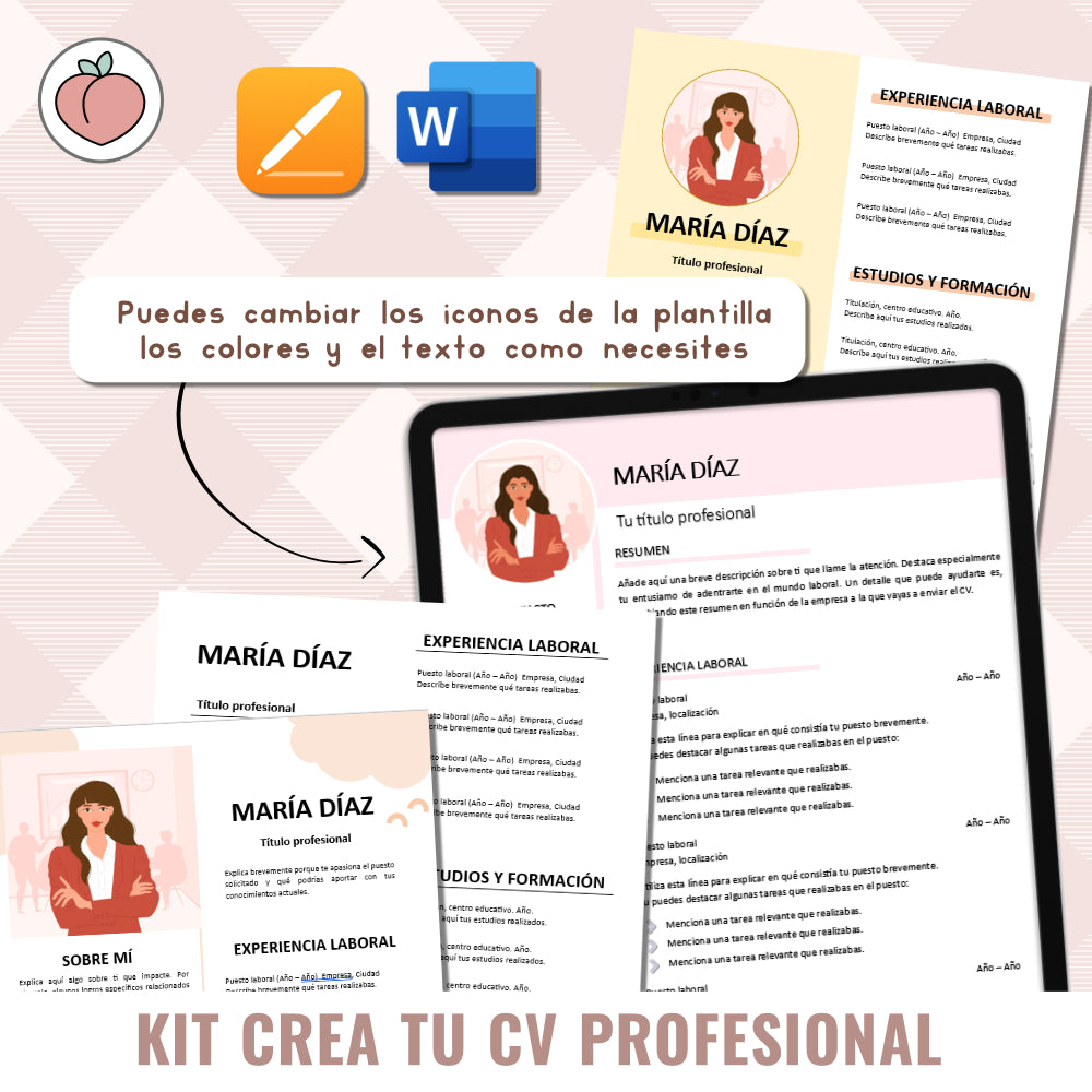 KIT CREATE YOUR PROFESSIONAL CV | EDITABLE TEMPLATES + ICONS: APP PAGES AND WORD | Spanish version