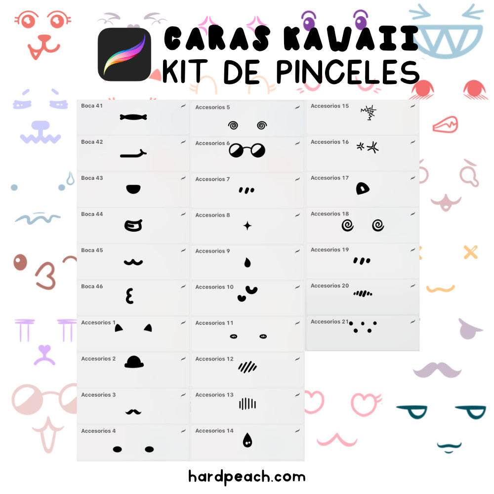 KIT DE PINCELES PARA PROCREATE: Caras kawaii y adorables. Perfectos para ilustraciones digitales de personajes tiernos y expresivos