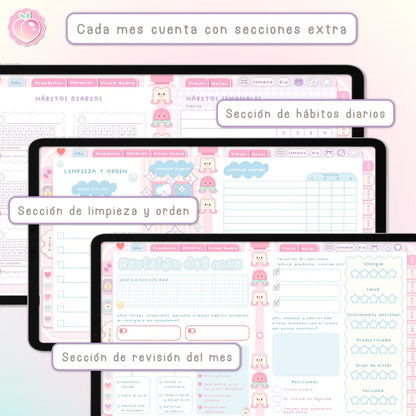 AGENDA DIGITAL KAWAII 2026/2027: Bloomy & Kiwi. Incluye curso, tutoriales, stickers y extras