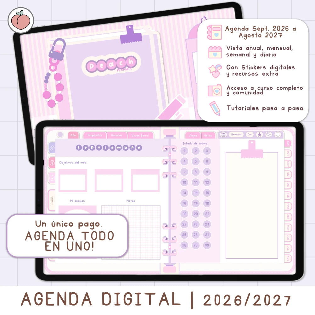 AGENDA DIGITAL MINIMALISTA PRO 2026/2027: Incluye curso, tutoriales, stickers y recursos. Edición lavanda y rosa