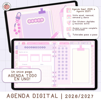 AGENDA DIGITAL MINIMALISTA PRO 2026/2027: Incluye curso, tutoriales, stickers y recursos. Edición lavanda y rosa