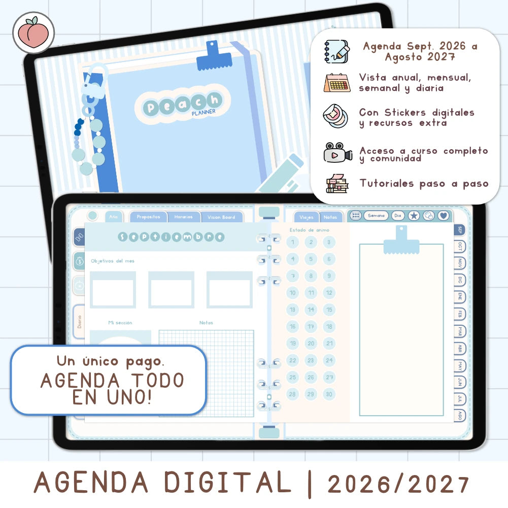AGENDA DIGITAL MINIMALISTA PRO 2026/2027: Incluye curso, tutoriales, stickers y recursos. Edición azul