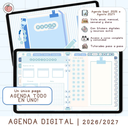 AGENDA DIGITAL MINIMALISTA PRO 2026/2027: Incluye curso, tutoriales, stickers y recursos. Edición azul