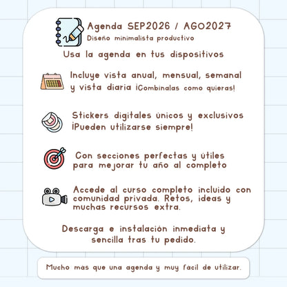AGENDA DIGITAL MINIMALISTA PRO 2026/2027: Incluye curso, tutoriales, stickers y recursos. Edición azul