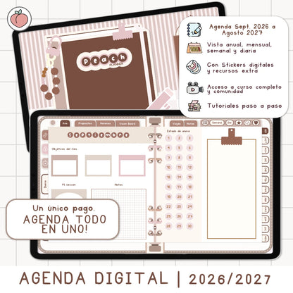 AGENDA DIGITAL MINIMALISTA PRO 2026/2027: Incluye curso, tutoriales, stickers y recursos. Edición marrones y nude