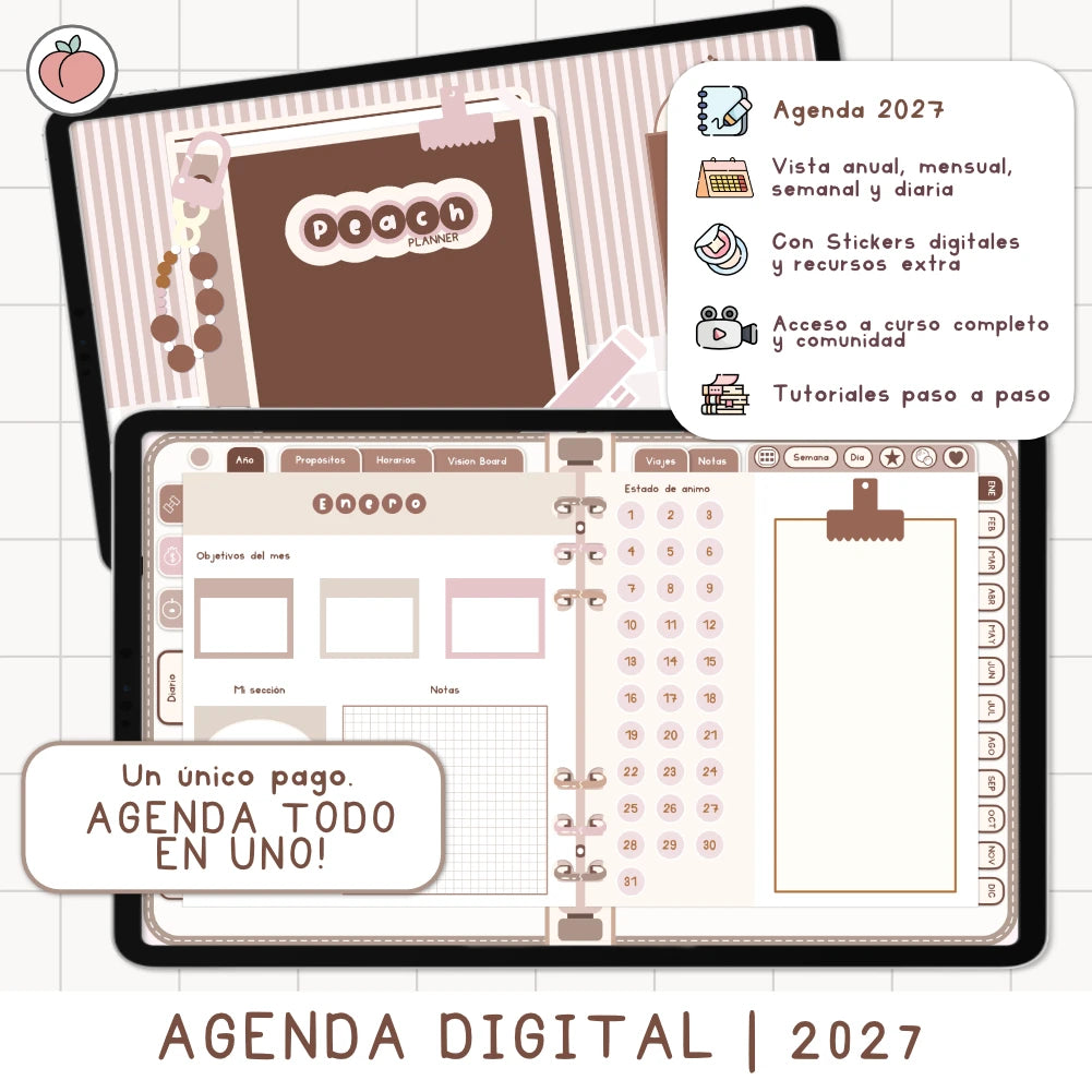 AGENDA DIGITAL MINIMALISTA PRO 2027: Incluye curso, tutoriales, stickers y recursos. Edición marrones y nude