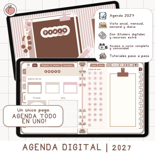 AGENDA DIGITAL MINIMALISTA PRO 2027: Incluye curso, tutoriales, stickers y recursos. Edición marrones y nude
