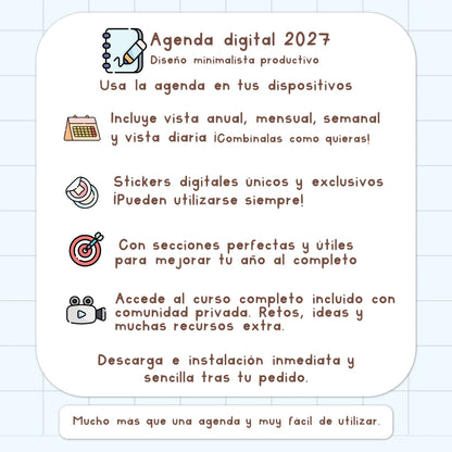 AGENDA DIGITAL MINIMALISTA PRO 2027: Incluye curso, tutoriales, stickers y recursos. Edición azul