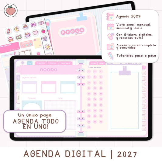AGENDA DIGITAL MINIMALISTA PRO 2027: Incluye curso, tutoriales, stickers y recursos. Edición pastel