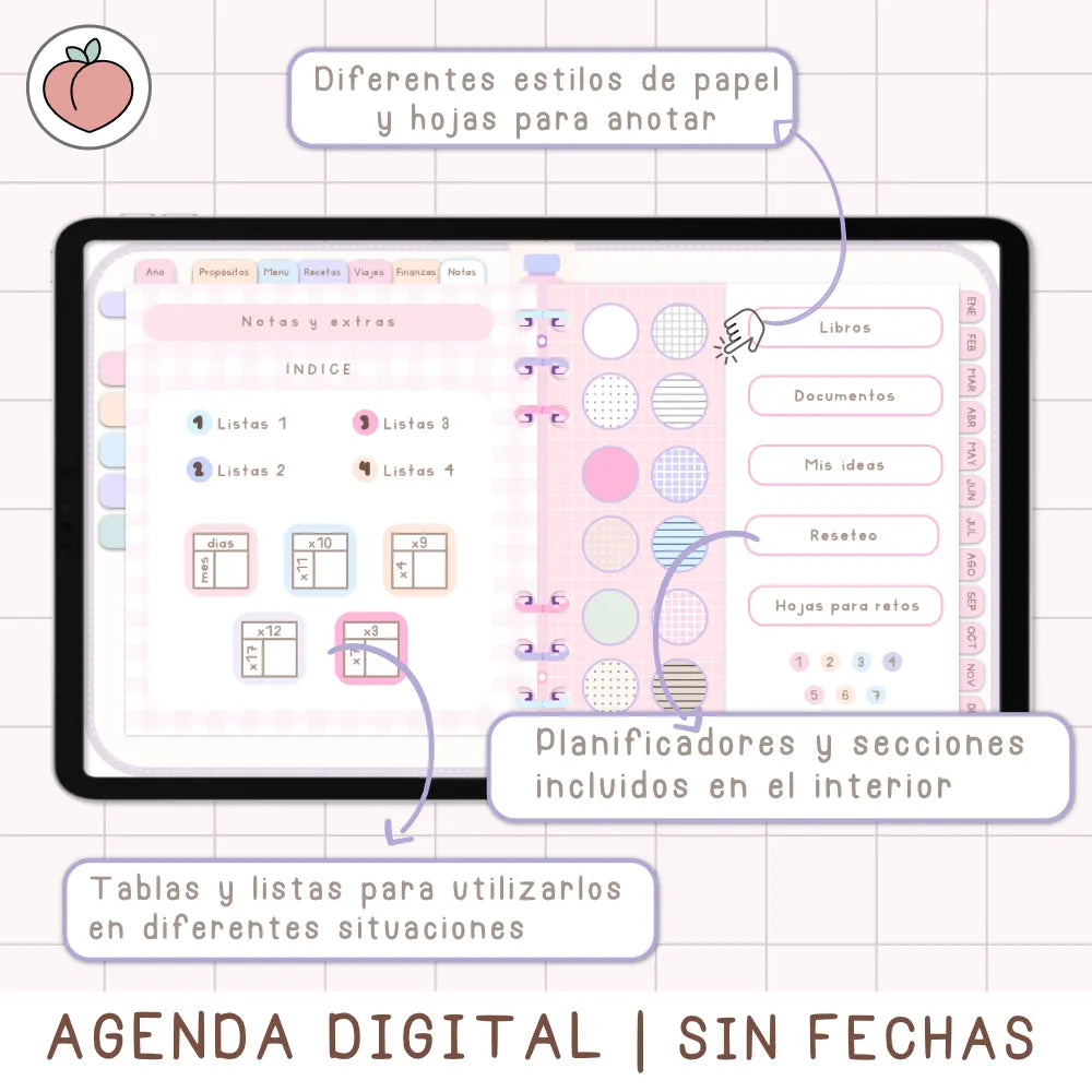 AGENDA DIGITAL MINIMALISTA PRO SIN FECHAS Y REUTILIZABLE con vista mensual, semanal y día. Incluye curso, tutoriales, stickers y recursos extra. Edición pastel