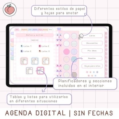 AGENDA DIGITAL MINIMALISTA PRO SIN FECHAS Y REUTILIZABLE con vista mensual, semanal y día. Incluye curso, tutoriales, stickers y recursos extra. Edición pastel