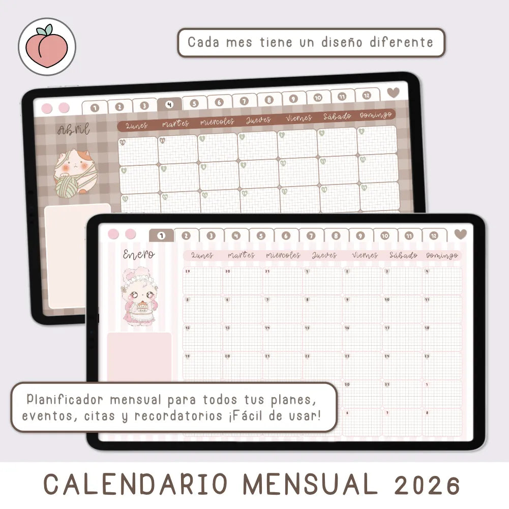 agenda digital mensual de 2026 kawaii