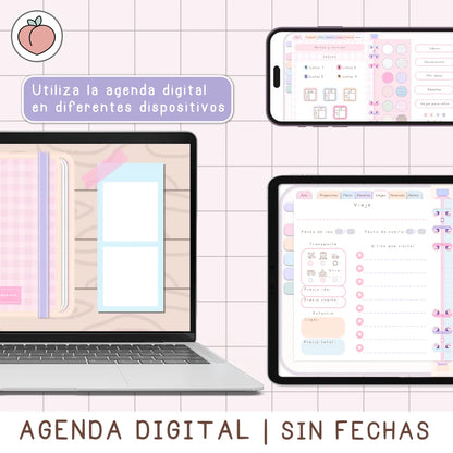 AGENDA DIGITAL MINIMALISTA PRO SIN FECHAS Y REUTILIZABLE con vista mensual, semanal y día. Incluye curso, tutoriales, stickers y recursos extra. Edición pastel