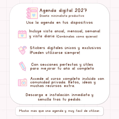 AGENDA DIGITAL MINIMALISTA PRO 2027: Incluye curso, tutoriales, stickers y recursos. Edición pastel
