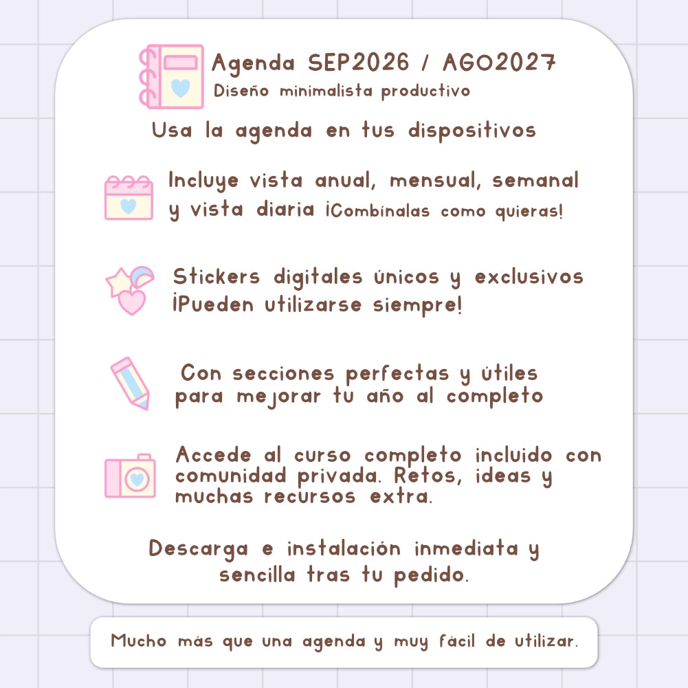 AGENDA DIGITAL MINIMALISTA PRO 2026/2027: Incluye curso, tutoriales, stickers y recursos. Edición lavanda y rosa
