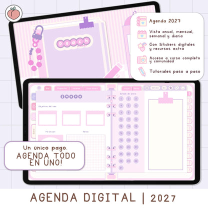 AGENDA DIGITAL MINIMALISTA PRO 2027: Incluye curso, tutoriales, stickers y recursos. Edición lavanda y rosa