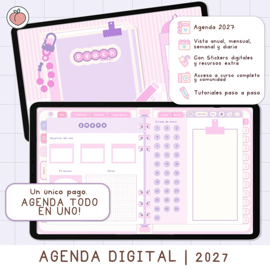 AGENDA DIGITAL MINIMALISTA PRO 2027: Incluye curso, tutoriales, stickers y recursos. Edición lavanda y rosa