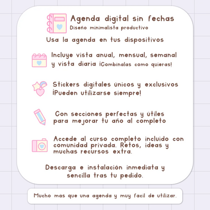AGENDA DIGITAL MINIMALISTA PRO SIN FECHAS Y REUTILIZABLE: Incluye curso, tutoriales, stickers y recursos. Edición lavanda y rosa
