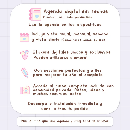 AGENDA DIGITAL MINIMALISTA PRO SIN FECHAS Y REUTILIZABLE: Incluye curso, tutoriales, stickers y recursos. Edición lavanda y rosa