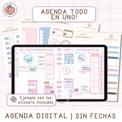 AGENDA DIGITAL MINIMALISTA PRO SIN FECHAS Y REUTILIZABLE con vista mensual, semanal y día. Incluye curso, tutoriales, stickers y recursos extra. Edición pastel