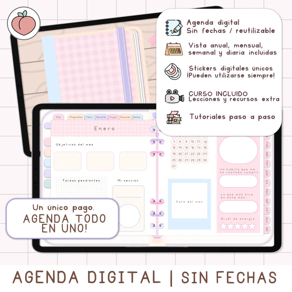 AGENDA DIGITAL MINIMALISTA PRO SIN FECHAS Y REUTILIZABLE con vista mensual, semanal y día. Incluye curso, tutoriales, stickers y recursos extra. Edición pastel