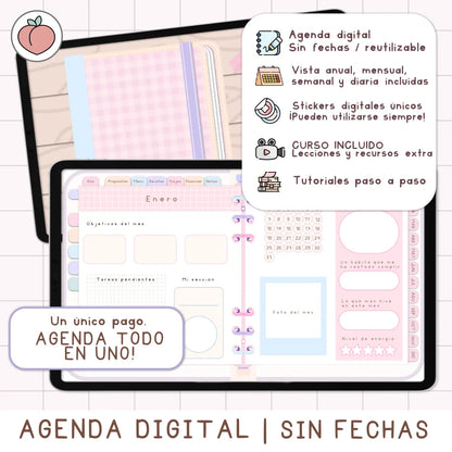 AGENDA DIGITAL MINIMALISTA PRO SIN FECHAS Y REUTILIZABLE con vista mensual, semanal y día. Incluye curso, tutoriales, stickers y recursos extra. Edición pastel
