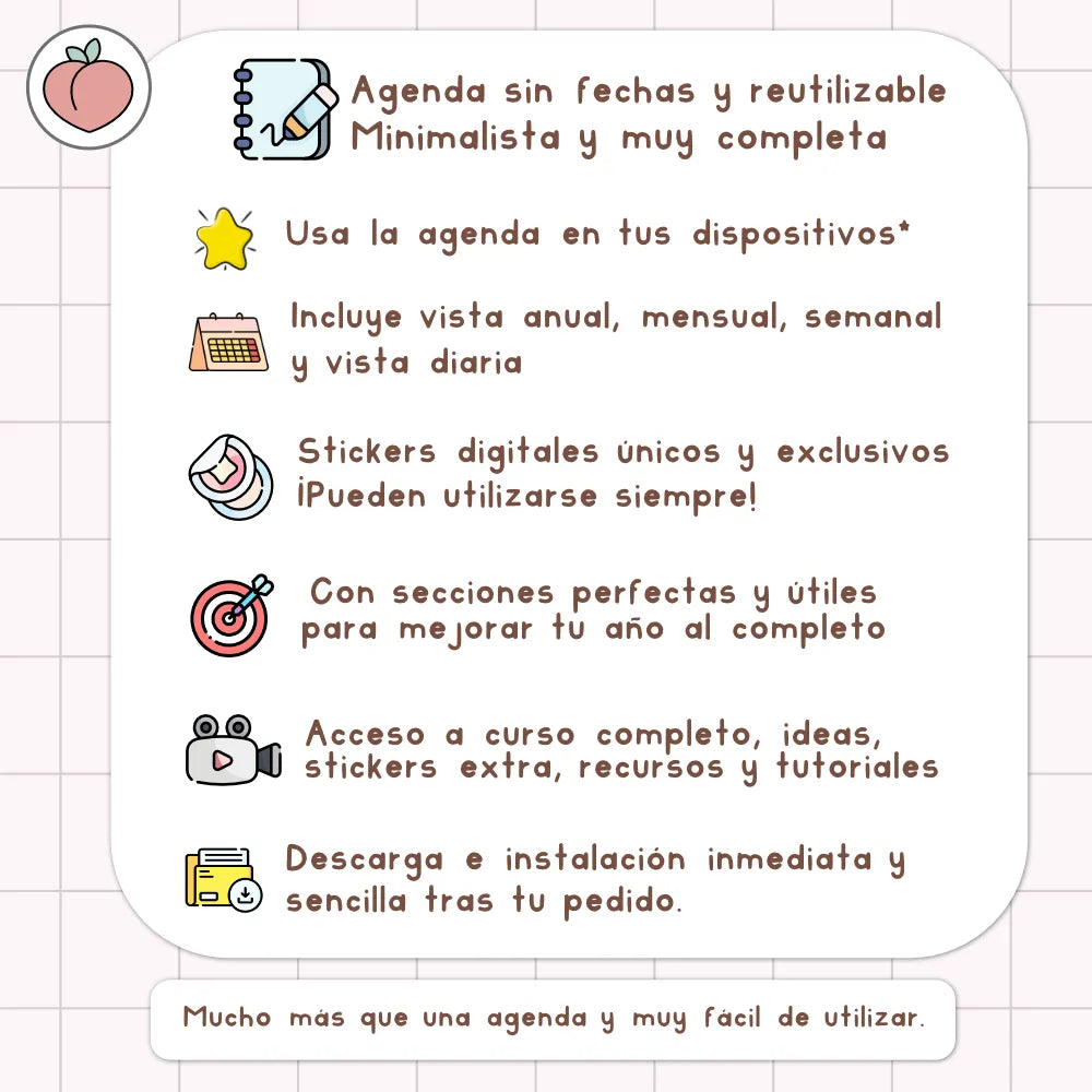 AGENDA DIGITAL MINIMALISTA PRO SIN FECHAS Y REUTILIZABLE con vista mensual, semanal y día. Incluye curso, tutoriales, stickers y recursos extra. Edición pastel