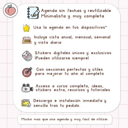 AGENDA DIGITAL MINIMALISTA PRO SIN FECHAS Y REUTILIZABLE con vista mensual, semanal y día. Incluye curso, tutoriales, stickers y recursos extra. Edición pastel