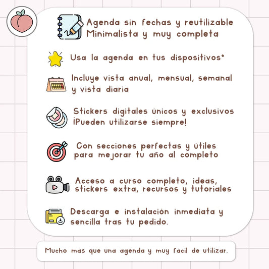 AGENDA DIGITAL MINIMALISTA PRO SIN FECHAS Y REUTILIZABLE con vista mensual, semanal y día. Incluye curso, tutoriales, stickers y recursos extra. Edición pastel