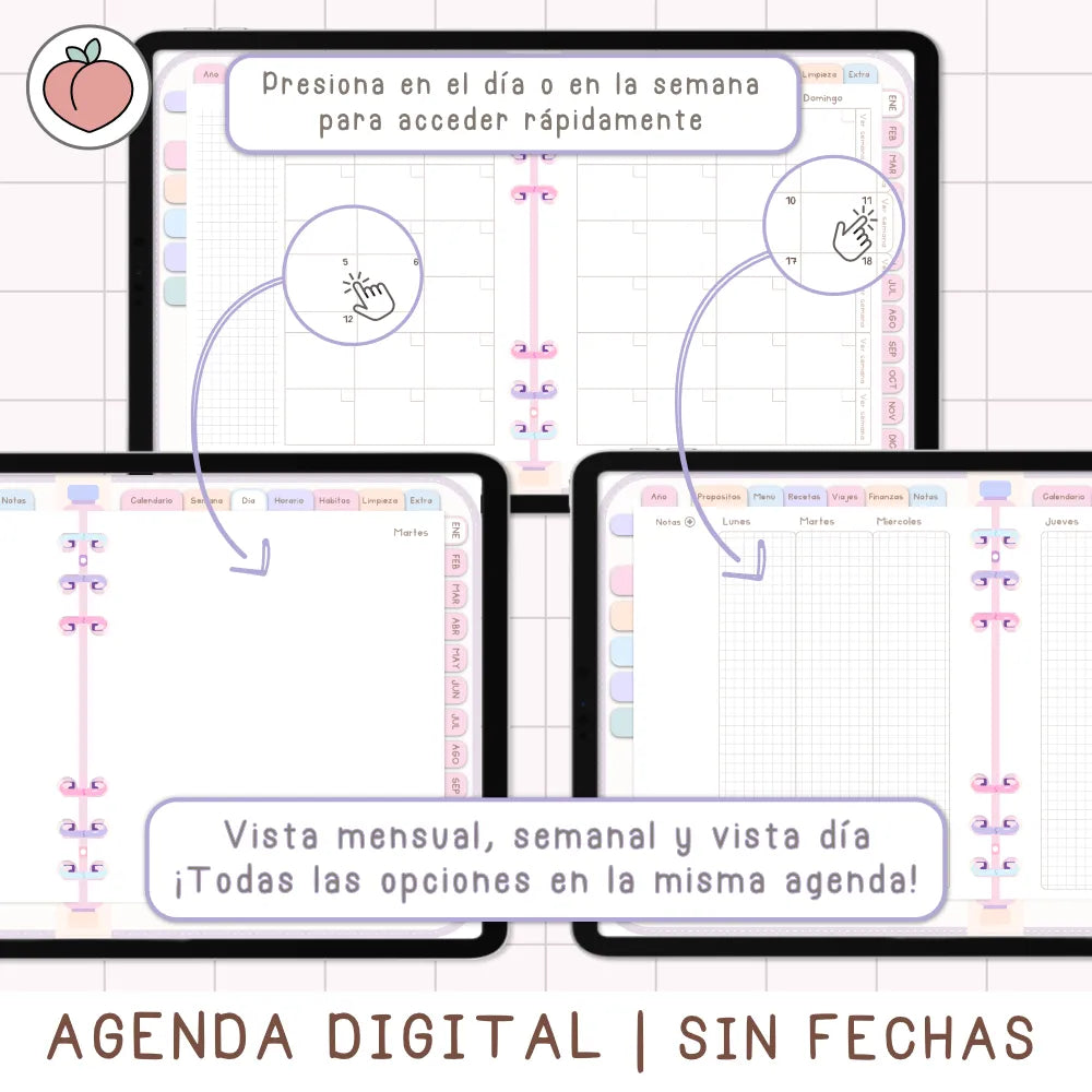 AGENDA DIGITAL MINIMALISTA PRO SIN FECHAS Y REUTILIZABLE con vista mensual, semanal y día. Incluye curso, tutoriales, stickers y recursos extra. Edición pastel
