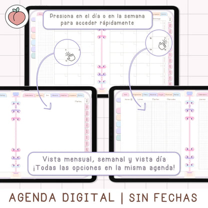AGENDA DIGITAL MINIMALISTA PRO SIN FECHAS Y REUTILIZABLE con vista mensual, semanal y día. Incluye curso, tutoriales, stickers y recursos extra. Edición pastel