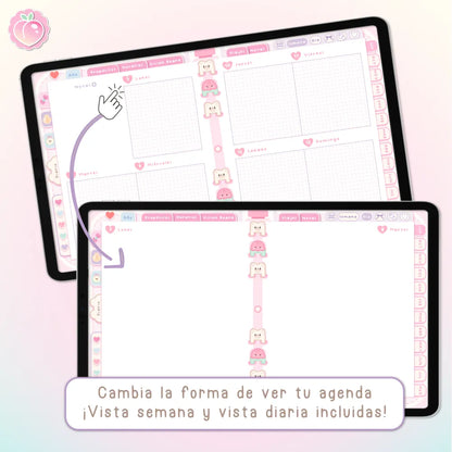 AGENDA DIGITAL KAWAII 2026/2027: Bloomy & Kiwi. Incluye curso, tutoriales, stickers y extras