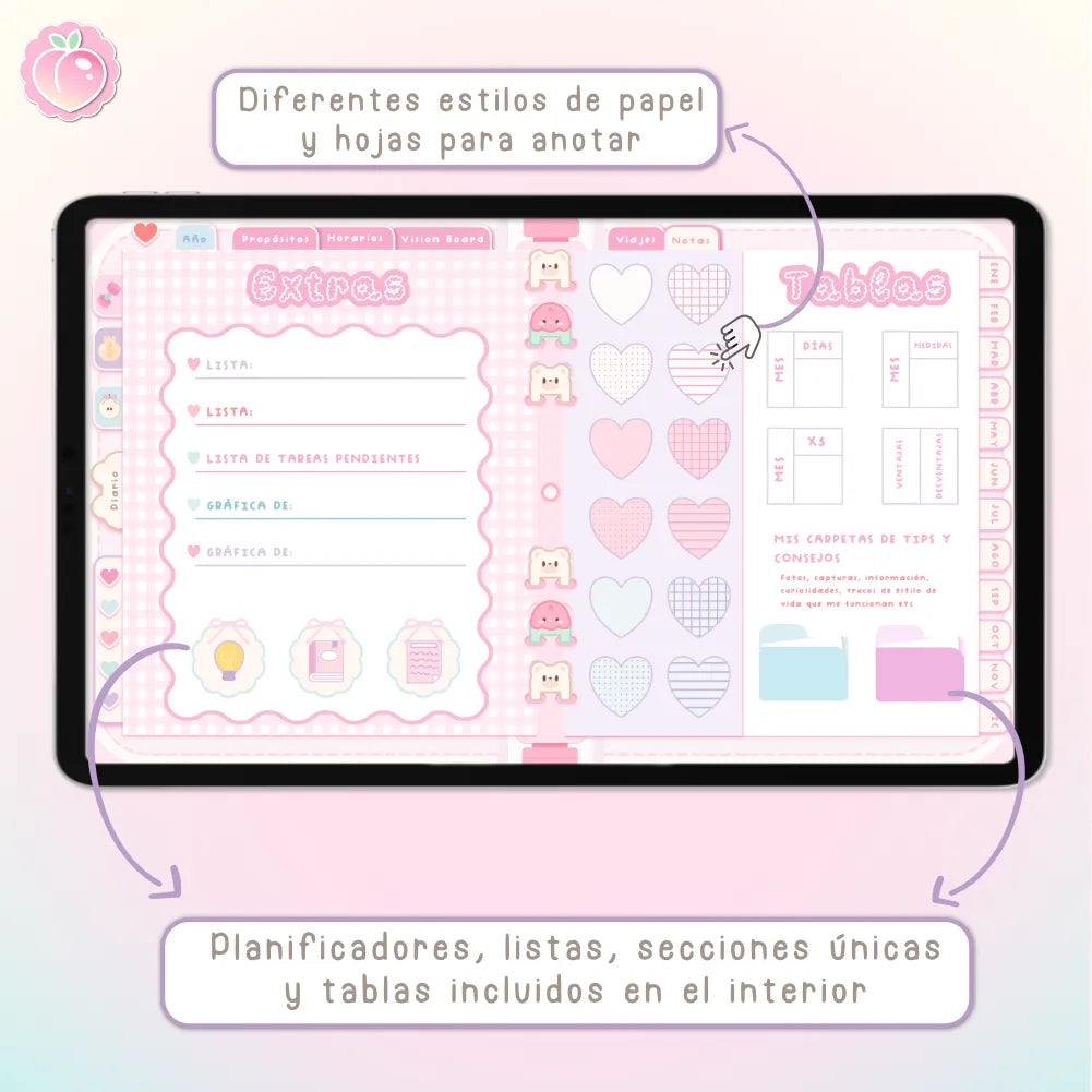 AGENDA DIGITAL KAWAII 2027: Bloomy & Kiwi. Incluye curso, tutoriales, stickers y extras