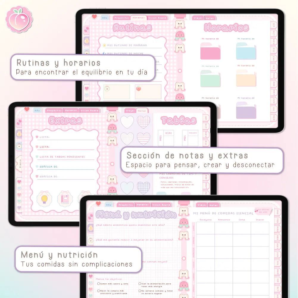 AGENDA DIGITAL KAWAII 2026/2027: Bloomy & Kiwi. Incluye curso, tutoriales, stickers y extras