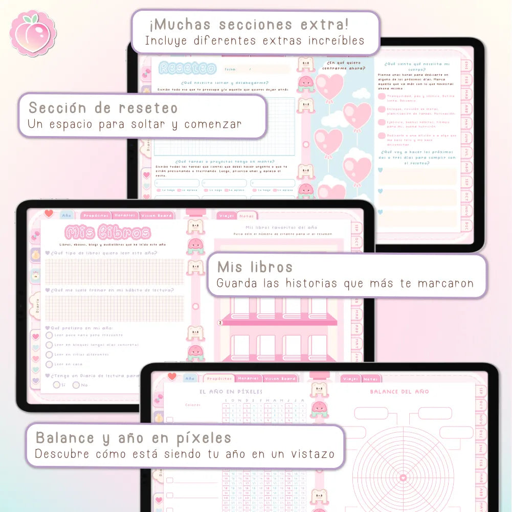 AGENDA DIGITAL KAWAII 2026/2027: Bloomy & Kiwi. Incluye curso, tutoriales, stickers y extras