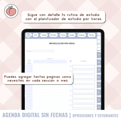 AGENDA DIGITAL OPOSICIONES / ESTUDIANTES / UNIVERSIDAD / MAESTRÍA | Agenda con vista semanal sin fechas y reutilizable con stickers incluidos. Edición azul
