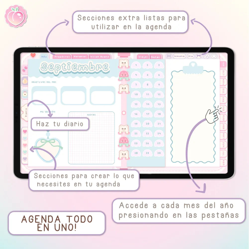 AGENDA DIGITAL KAWAII 2026/2027: Bloomy & Kiwi. Incluye curso, tutoriales, stickers y extras