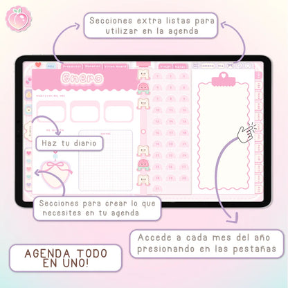 AGENDA DIGITAL KAWAII 2027: Bloomy & Kiwi. Incluye curso, tutoriales, stickers y extras