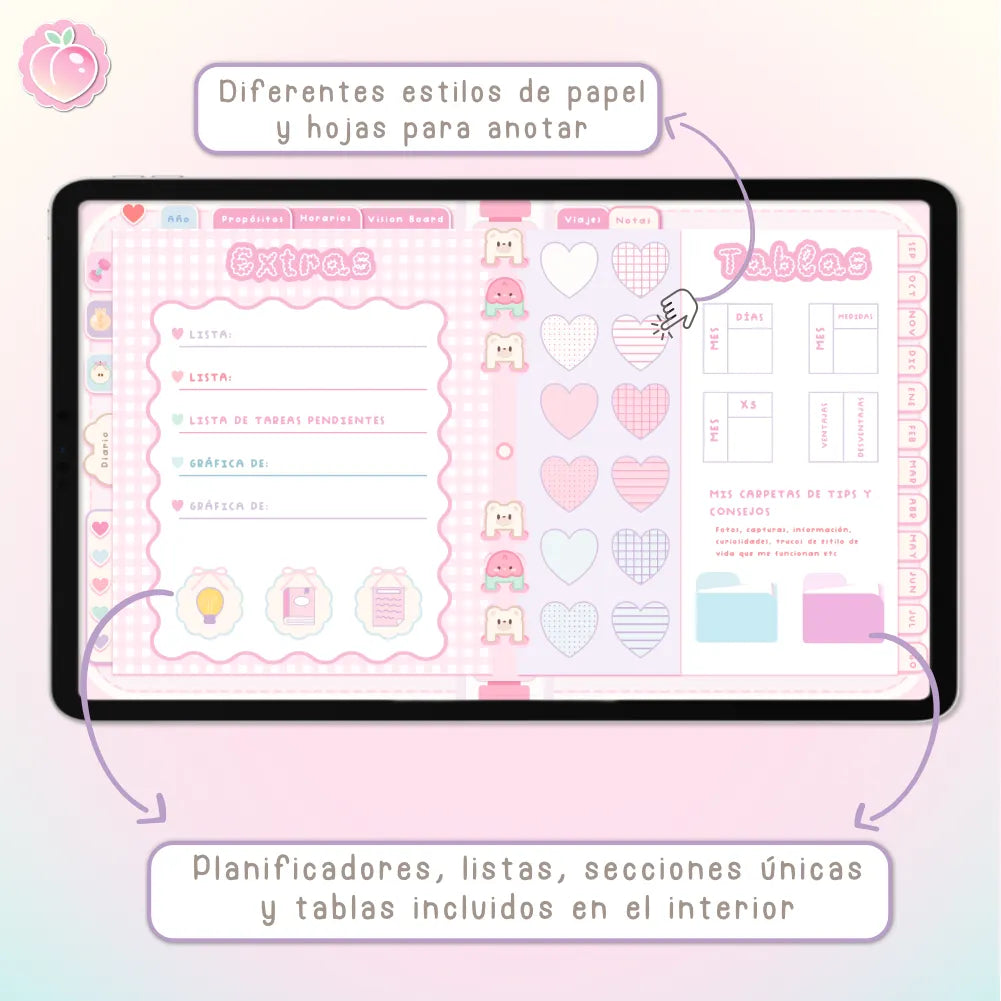 AGENDA DIGITAL KAWAII 2026/2027: Bloomy & Kiwi. Incluye curso, tutoriales, stickers y extras