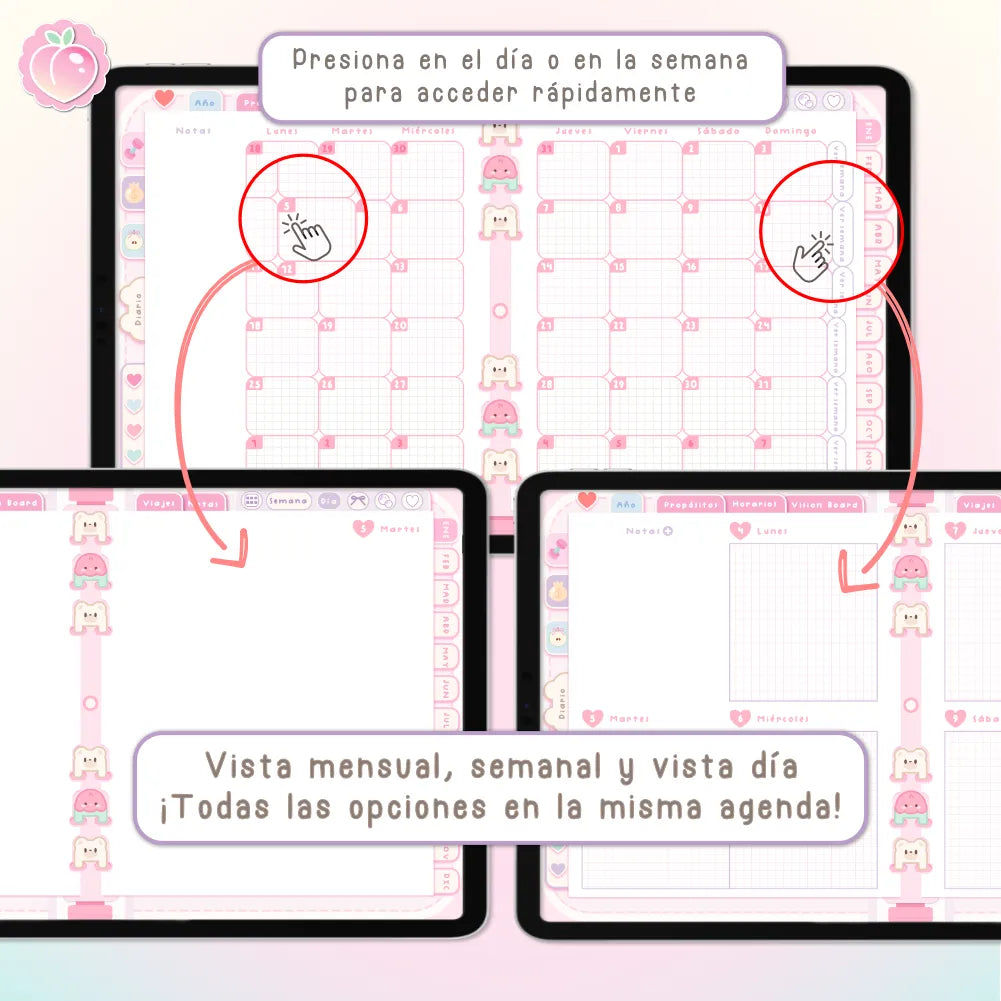 AGENDA DIGITAL KAWAII 2027: Bloomy & Kiwi. Incluye curso, tutoriales, stickers y extras