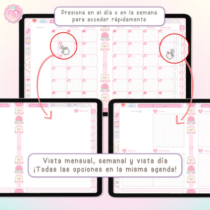 AGENDA DIGITAL KAWAII 2027: Bloomy & Kiwi. Incluye curso, tutoriales, stickers y extras