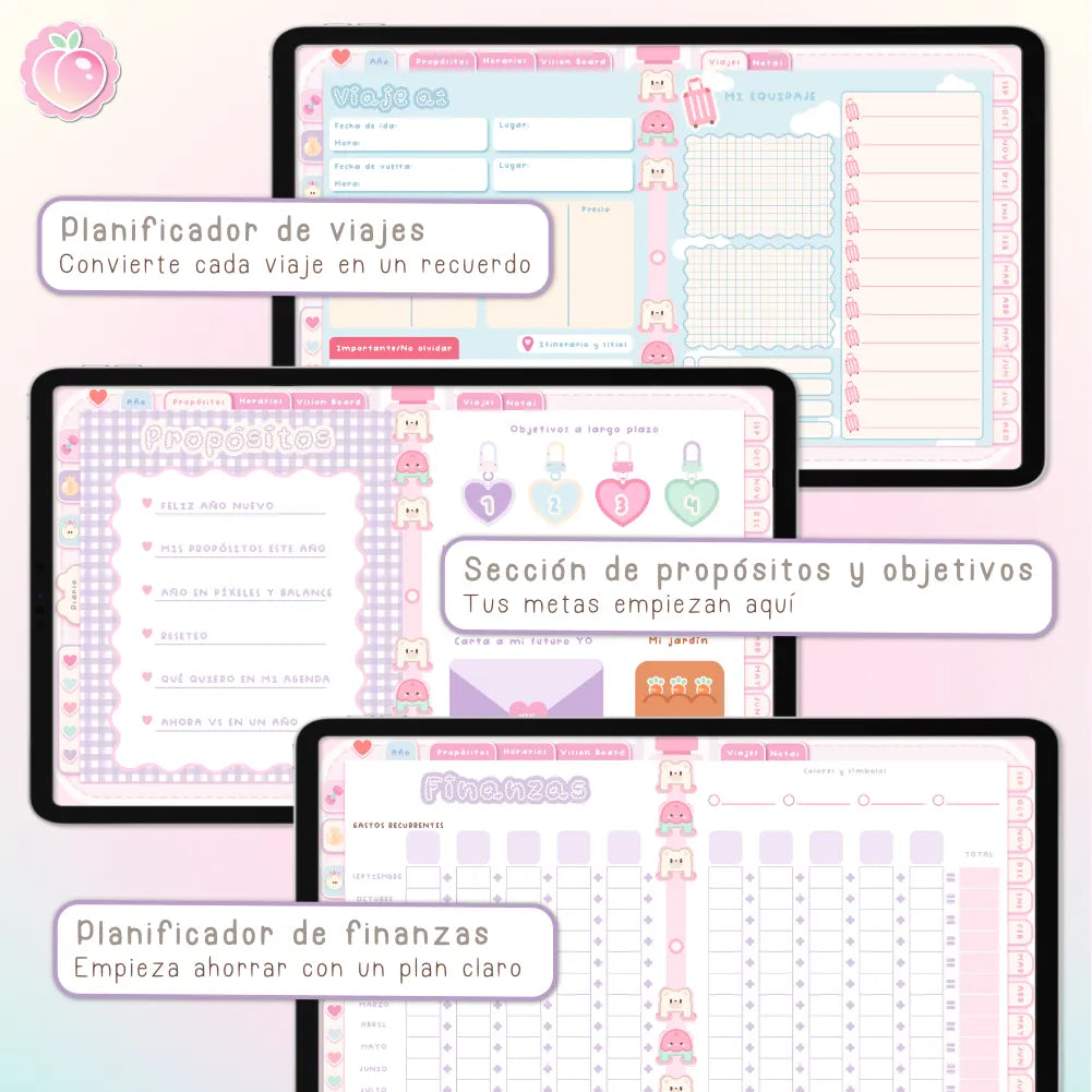 AGENDA DIGITAL KAWAII 2026/2027: Bloomy & Kiwi. Incluye curso, tutoriales, stickers y extras