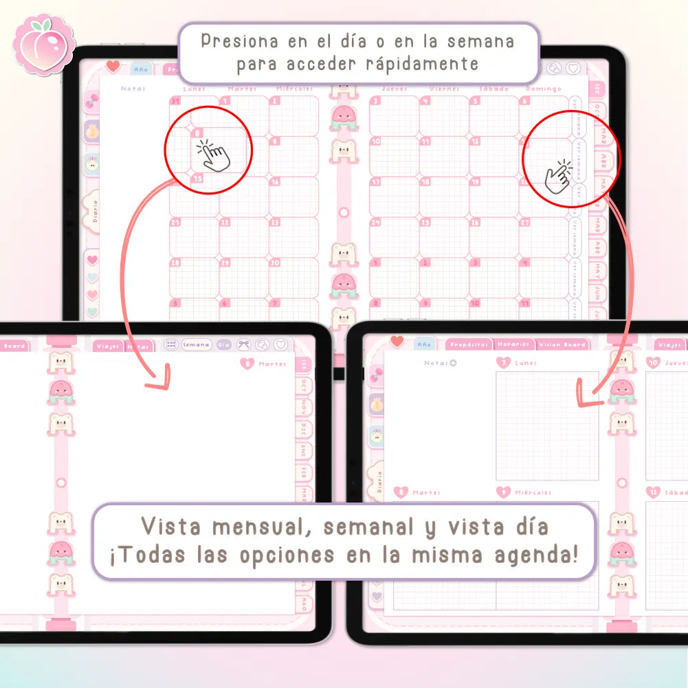 AGENDA DIGITAL KAWAII 2026/2027: Bloomy & Kiwi. Incluye curso, tutoriales, stickers y extras