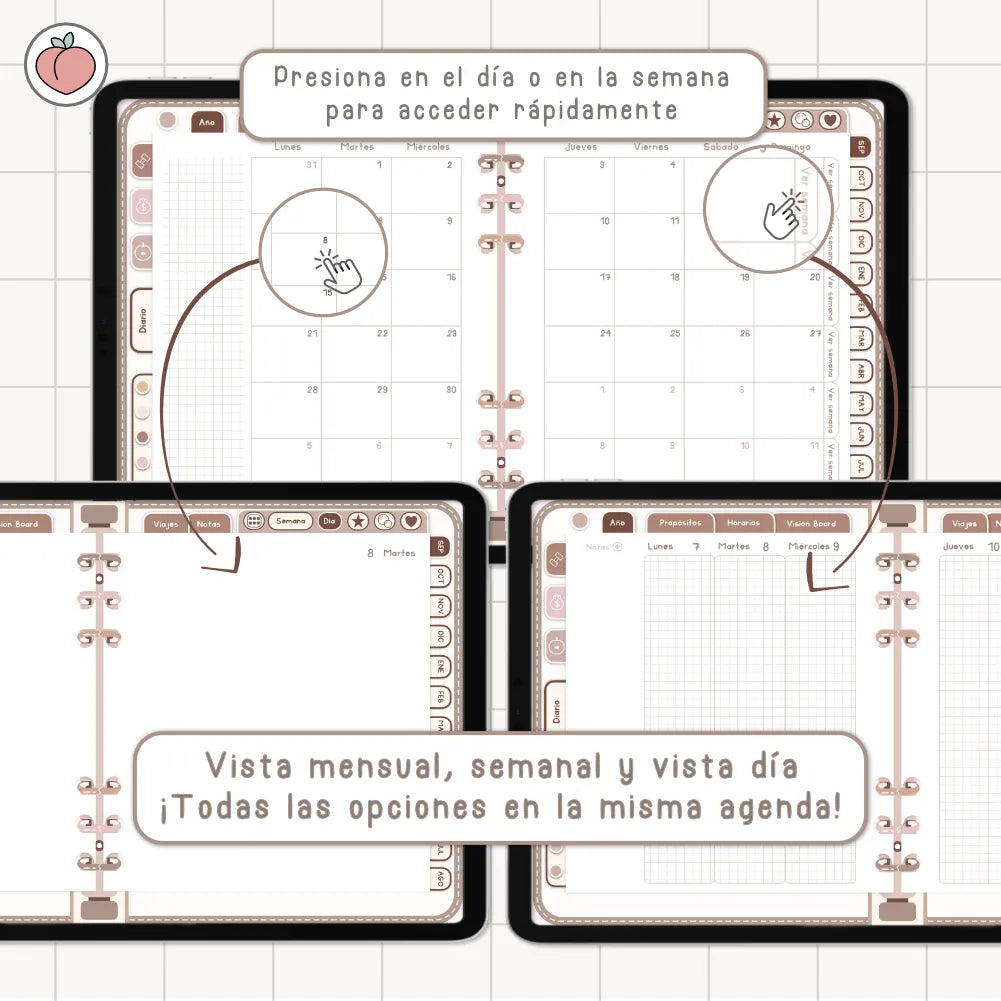 AGENDA DIGITAL MINIMALISTA PRO 2026/2027: Incluye curso, tutoriales, stickers y recursos. Edición marrones y nude
