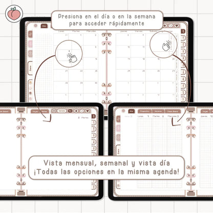 AGENDA DIGITAL MINIMALISTA PRO 2026/2027: Incluye curso, tutoriales, stickers y recursos. Edición marrones y nude